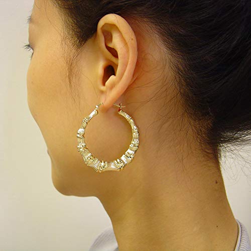 10k Yellow Gold Round Bamboo Hoop Earrings 1.6 Inches Diameter.2