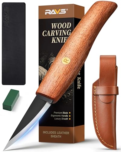 RAVS Wood Carving Sloyd Knife with Leather Strop & Polishing Compound High Carbon Steel Whittling Knife with Leather Sheath Chip Wood Carving Tools with Ergonomic Handle for Beginners &Professionals