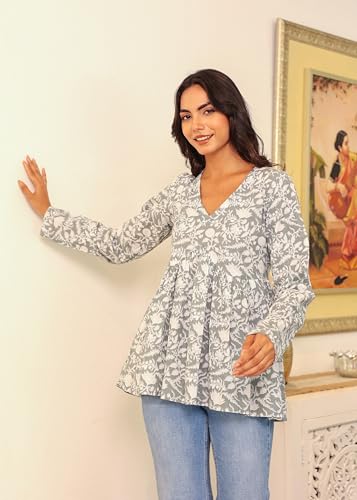 Image of LABEL ADRIJA Cotton V Neck Anarkali Short Kurti for Women Full Sleeve Floral Print | Short Kurtis for Women on Jeans
