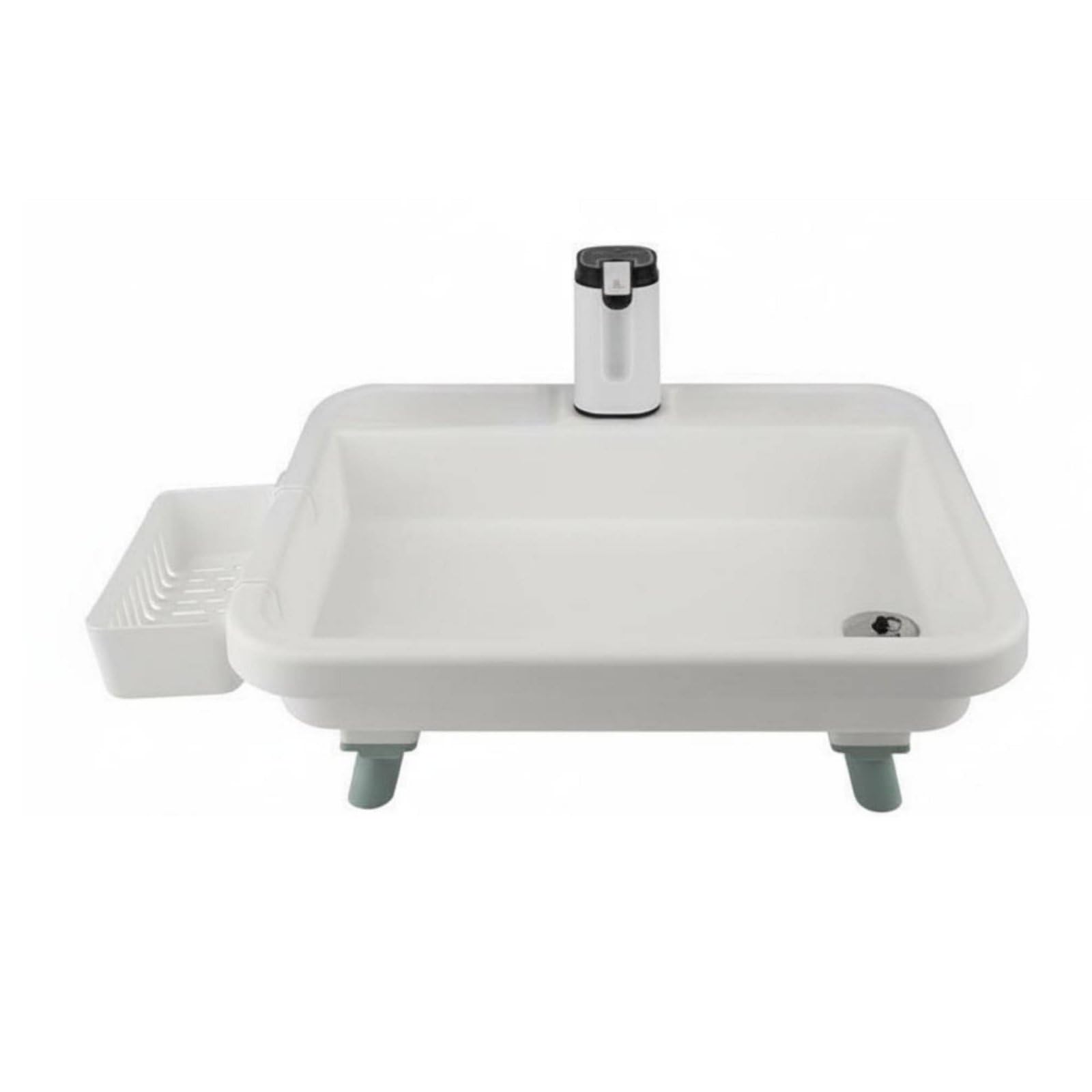 Lavabo Exterior Portátil Lavamanos Fregadero Estación de Lavado con Bomba Eléctrica y Grifo Cronometrado de 15s y 50s con Compartimentos para Jabón y, Blanco