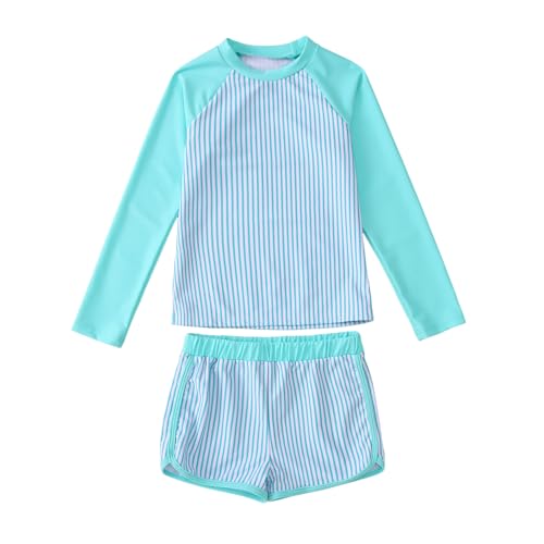 Girls Rash Guard Swimsuit Set Long Sleeve Two Pieces Stripe Bathing Suits Kids Summer Beach Swimwear 7-12 Years