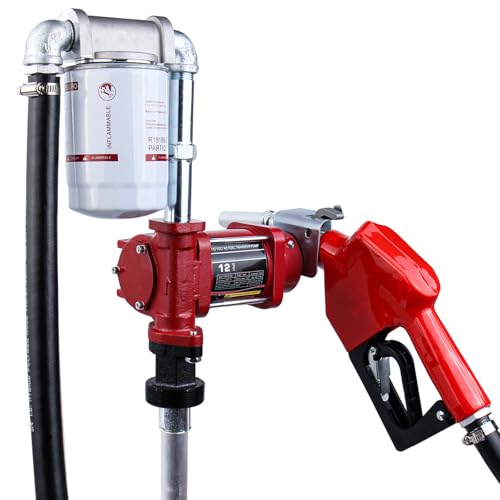 110V AC 12GPM Fuel Transfer Pump with Automatic Nozzle & Hose Kit for Gasoline Diesel Red with Particulate Filter