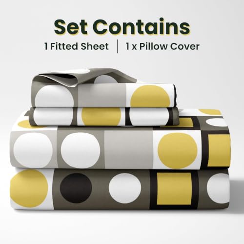 Image of Loreto - A Quality Linen Brand 144 TC 100% Pure Cotton Single Fitted Bedsheet with 1 Pillow Cover for 72 x 36 Inch, All-Around Elastic, 8 Inch Deep Pocket, Forged Iron Grey & Lemon Zest Yellow