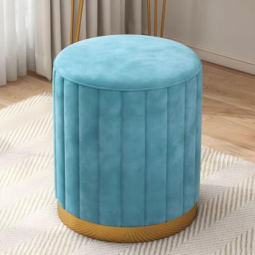Image of Round Upholstered Velvet Ottoman Seating Stool with Gold Metal Base Multifunctional Makeup Vanity Chair Soft Compact Padded Foot Rest Stool for Living Room Bedroom Blue