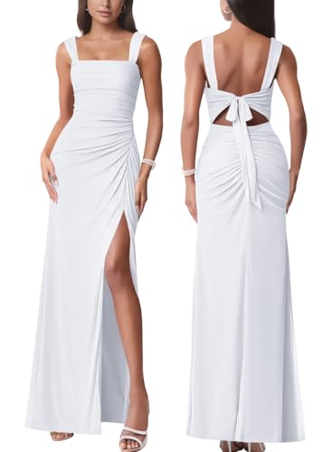 firfig Womens Elegant Square Neck Split Long Dress Mesh Sleevelesss Self Tie Open Back Club Cocktail Party Maxi Dress, White Large