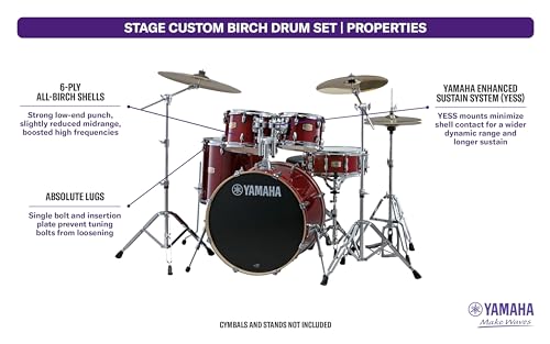 Image of Yamaha Stage Custom Birch 5pc Drum Shell Pack With a 20 inch Kick Drum and 14 inch Snare Drum in Cranberry Red For Students and Working Drummers (SBP0F50CR)
