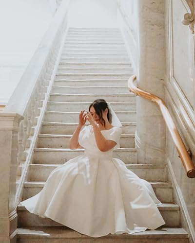 Image of Women's Off Shoulder Wedding Dress for Bride Tea Length A Line Satin Formal Prom Dresses with Pockets