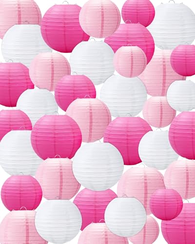 Treela 48 Pcs Paper Lanterns Party Decorations Round, Pink,White