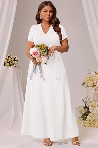 Runwind Women’s Plus Size Maxi Dress Short Sleeve Casusl Summer Long Dress Solid V-Neck Dresses3