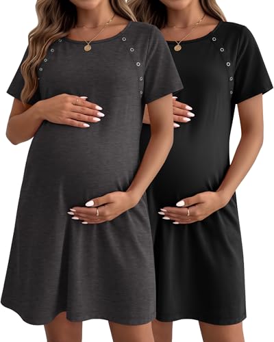 Image of Huukeay 2 Pack Labor and Delivery Hospital Gown Women Nursing Birthing Maternity Dress 3 In1 Breastfeeding Buttons Pjs Robe