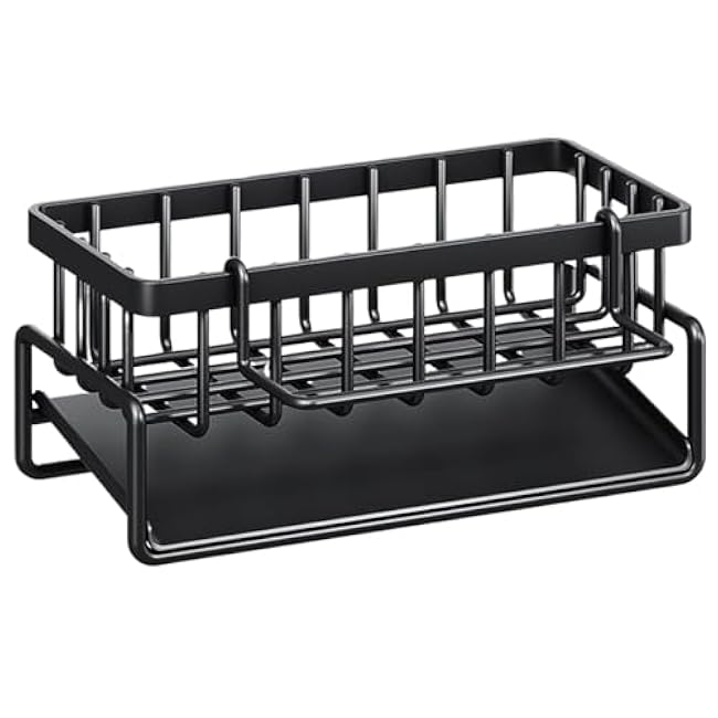 Gcroet Kitchen Sink Organiser Stainless Steel Sink Caddy with Removable Dishcloth Rack and 45¡ã Inclined Water Drip Tray Large Capacity Tidy Organiser for Bathroom Kitchen Accessories Black