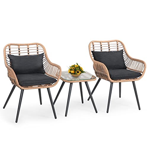 Verano Garden 3 Piece Patio Bistro Set, Outdoor Wicker Conversation Chair Sets Balcony Furniture,Coffee Table with Glass Top, Cushions & Lumbar Pillows for Porch, Backyard, Deck, Poolside