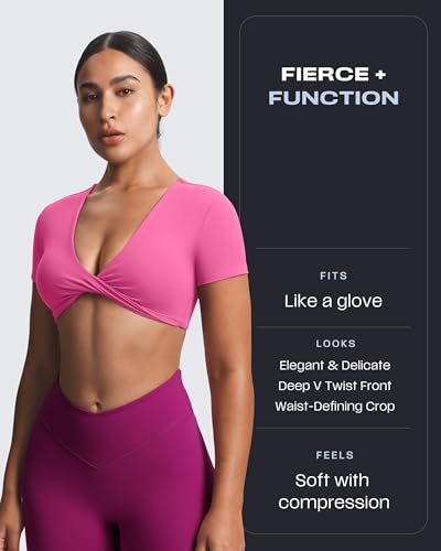 Image of Aoxjox Short Sleeve Crop Tops for Women Sienna Twist Deep V Workout Cropped T Shirt Top (Azalea Pink, Small)