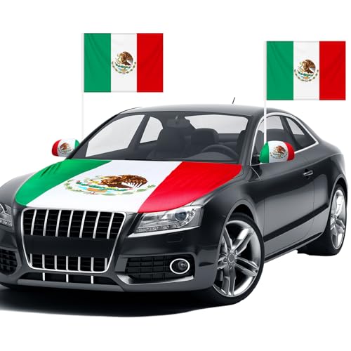 BBTO Set of 3 Mexican Flags Car Accessories, Included Mexico Flag Car Hood Cover, Side View Mirror Covers and Mexico Flag Universal Fit for Trucks, Suv
