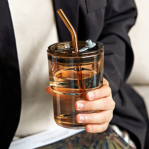 Image of BLUEPOLAR 13 oz Tumbler Water Glass, Water Bottle with Straw and Dustproof Lid, Coffee Ice Cup Double Wall Insulated Glass Cup (Amber-4pack)