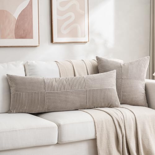 Image of Fancy Homi Set of 2 Neutral Taupe Boho Long Lumbar Body Decorative Throw Pillow Cover 14x36 Inch for Bed Couch Bedroom Bench, Soft Patchwork Corduroy Textured Pillow Case, Farmhouse Room Decor
