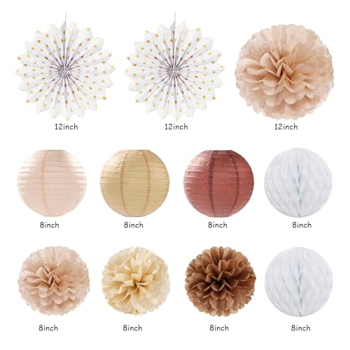 Image of White-Brown Champagne-Gold Boho Birthday Party-Decorations - 21pcs Happy Banner,Beige Neutral Rustic Paper Lanterns Honeycomb, Hanging Streamers,Tissue Pom Poms Flower Fan,Fall Decor Supplies Huglony