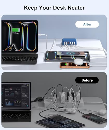 Image of Fast Charger Block USB C, GaN 6 Port Charging Station Hub Cube, 100W Multiport Type C Wall Charger Power Strip Plug with PD 3.0+QC for iPhone 16 15 14 13 12 1 Pro Max XR XS 8 7, Samsung, iPad, Table