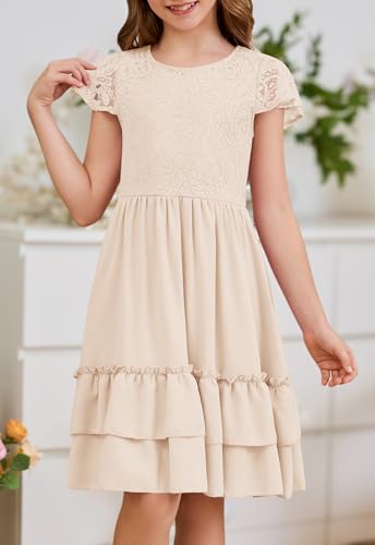 HOSIKA Girls Lace Flower Boho Ruffle Sleeve A-Line Tiered Summer Dress for Wedding Party with Pockets3