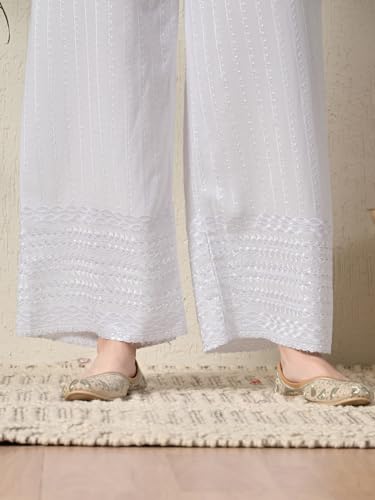 Image of feranoid White Chicken Embroidred Cotton Regular Fit Palazzo
