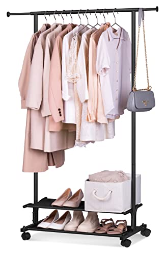 Misslo 2 Shelves Clothing Racks For Hanging Clothes Rolling Garment Rack With Wheels Portable Clothes Rack Metal Wardrobe Rack, Black #TOP11