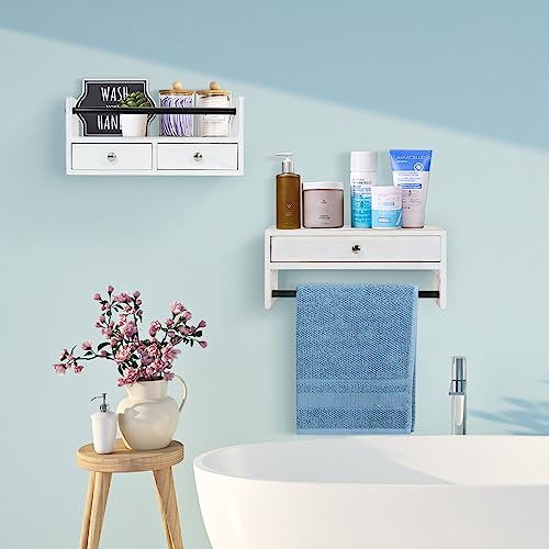 Y&ME YM Bathroom Shelf with Drawers Set of 2, Floating Nightstands for Bedroom, Wall Drawer and Towel Rack Mounted, Bathroom, Living Room, Kitchen (White)