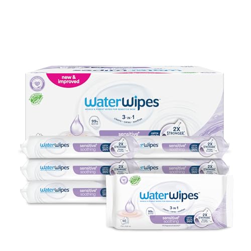 WaterWipes Sensitive+ Soothing Clean Wipes, Salviettine Lenitive, 360 Pezzi (6 Confezioni), Deterge, Cura, Lenisce, 99% Acqua con Estratti Botanici, Senza Profumo