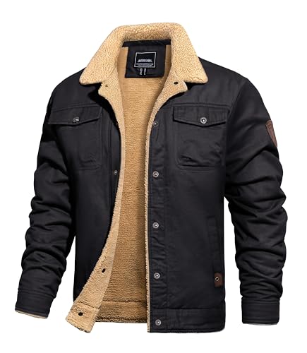 Image of TACVASEN Fleece Jacket Mens Winter Jacket Sherpa Lined Trucker Jacket Warm Cotton Solid Cargo Jackets Coat