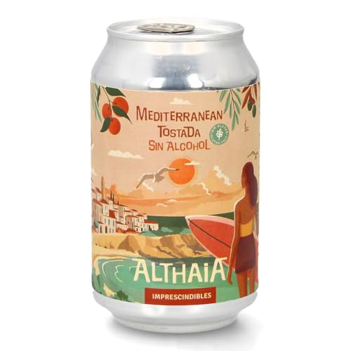 Althaia Mediterranean Tostada SIN ALCOHOL y SIN GLUTEN – Cerveza Artesana 33cl – Ámbar, Refrescante y Maltosa – Apta para Celíacos 100% Natural (Pack 6 Latas, 6, unidad)