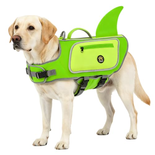 Sheripet Dog Life Jacket, High Buoyancy Shark Dog Safety Vest, Neoprene Pet Life Preserver with Good Visibility & Reflective, Puppy Swim Floating Vest with Handle for Boating (LightGreen, Small)