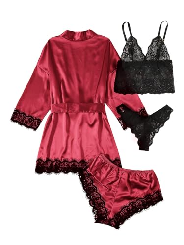Image of SOLY HUX Women's Satin Pajama Set with Lace Trim - 4-Piece Sleepwear & Robe