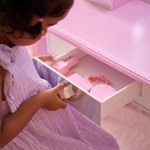 Image of Teamson Kids Star Vanity Set with LED Lights for Girls, Pink 2-Piece Kids Makeup Table with Mirror, 3 Storage Drawers & Matching Stool for Bedroom or Playroom, Ages 3+ Safe | LED Lights, Makeup Table with Mirror, 3 Storage Drawers, Matching Stool, Bedroom or Playroom