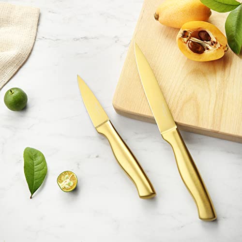 Knife Set-Marco Almond® Ma21 Luxury Golden,Titanium Coated 14 Pieces Stainless Steel Hollow Handle Gold Kitchen Knife Set With Block By White Wash Finish Wood #TOP7