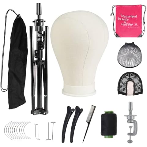 Neverland Beauty & Health 58cm Perückenkopf,Perücke kopf mit Perückenständer 120cm,Perücke machen Mannequin Kopf mit übungskopf ständer,Tischklammer,T-Stifte und Haarbürste Cover