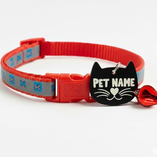 Image of PAWPRO HANDMADE Reflective Cat Collar with Custom ID Tag - Adjustable Collar with Bell for Cats & Small Dogs - Personalized Name Tag (Firecracker)