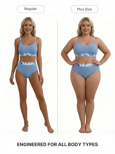Image of Herseas Women's Textured Bikini Sets Floral Print Trim Scoop Neck Swimsuits High Waisted Bathing Suits