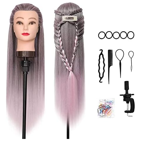 Training Head, DanseeMeibr Plus 26-28 Inch 100% Synthetic Fiber Hair Soft Mannequin Head Professional Hairdressing Head for Hair Styling Practice with Dolls Head Accessories+ Table Clamp Cover