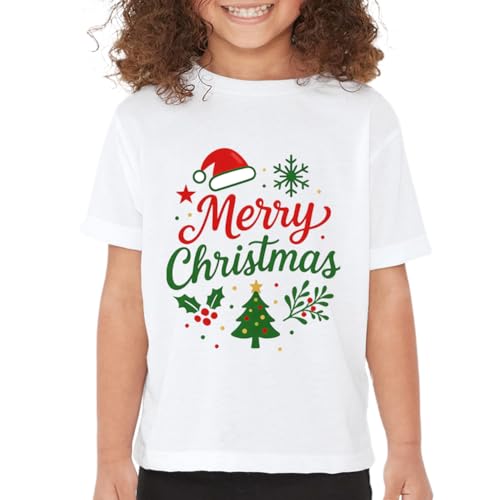 Sawwing Kids Christmas Shirt Boys Girls Short Sleeve Merry Xmas T Shirts Soft Crewneck Graphic Top Tees Festive Holiday Outfit for Children Ages 4-13 Years White