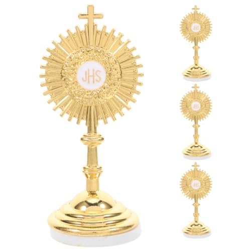 Veemoon 4pcs Standing Crucifix Catholic, Religion Cross with Base Table Mini Cross Decor Metal Communion Cake Topper Blessed Sacrament Catholic Monstrance Christ Crucifix, 2.5inch Gold