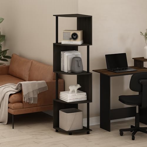 Image of Furinno ECON Corner Shelf, 4-Tier Corner Book Shelf, Zigzag Storage Shelves, Display Rack, Bookshelf, for Organization and Storage, Living Room, Home Office, Espresso