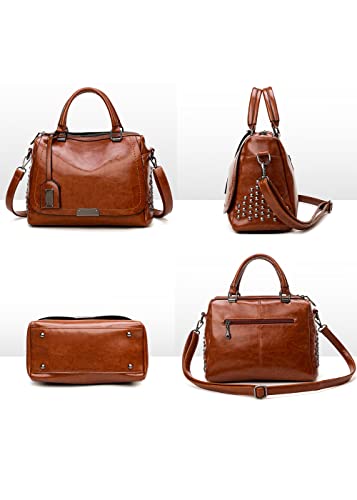 YAQUNICER Women Retro Rivet Top-handle Bag Oil Wax Leather Shoulder Crossbody Bags4