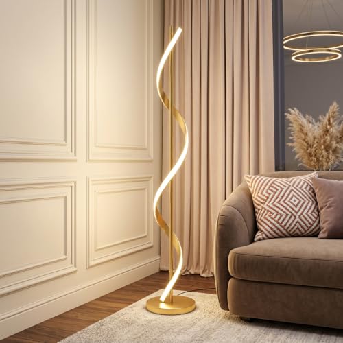 Image of Spiral Floor Lamp 3-Color CCT (Warm + Natural + Cold White) Gold Aluminium LED Standing Lamp for Living Room Bedroom Home Decor