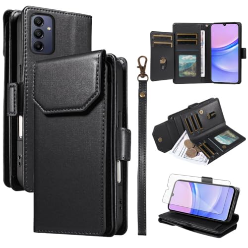 Étui portefeuille pour Samsung Galaxy A15 5G avec protège-écran verre trempé et porte-cartes noir