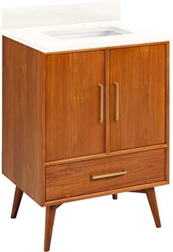 Signature Hardware 953363-24-RUMB-0 Novak 24" Freestanding Teak Single Basin Vanity Set with Cabinet, Vanity Top, and Rectangular Undermount Sink - No Faucet Holes - Teak/Arctic White