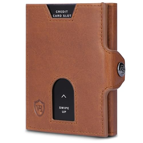 VON HEESEN Slim Wallet mit XXL Münzfach & RFID-Schutz - Leder Geldbeutel - Mini Geldbörse für Herren und Damen - Kartenetui Echtleder Karten Portemonnaie klein - Kreditkartenetui Cognac (Waxy)