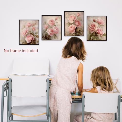 Image of laveliabel Vintage Pink Flower Wall Art Prints Set of 4 Unframed, Shabby Chic Wall Decor, Vintage Retro Floral WallArt, Preppy Coquette Pink Floral Poster Prints for Home Room WallDecor 8x10inches