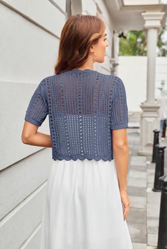 Image of Kate Kasin Women Crochet Shrug Knit Sweater, Short Sleeve Cropped Cardigan | Tie Front Tops Light Weight, Knit Cover Up Arm Bolero For Evening Dresses Dressy Casual, Ladies Eyelet Shawl Thin Formal