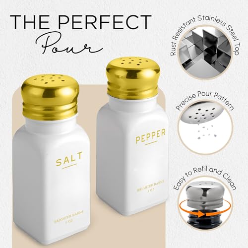 Image of Gold Salt and Pepper Shakers Set by Brighter Barns - Modern Kitchen Decor, White and Gold Kitchen Decor & Accessories - Vintage Glass Shakers with Stainless Steel Lids for Home, Restaurant