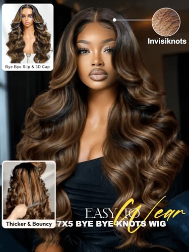 Image of Sunber Ombre Brown Balayage 7x5 Pre-Everything Wig With Loose Wave Face-Framing Layers and Side-Swept Bangs With Drawstring 180% Density Pre Plucked Bye Bye Knots Glueless Drawstring Wig 24Inch