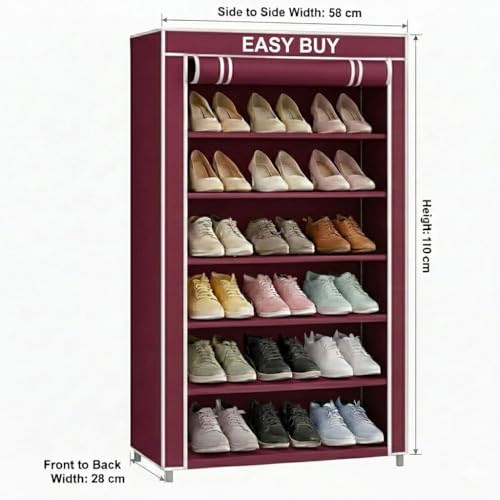 Image of EASY BUY Maroon Shoe Rack with Cover, Plastic Rack 6 Shelves with Zip Door Cover & Side Pocket | Dustproof Multiuse Storage Organizer for Footwear, Clothes, Toy, Shoe Rack Plastic, Slipper Stand